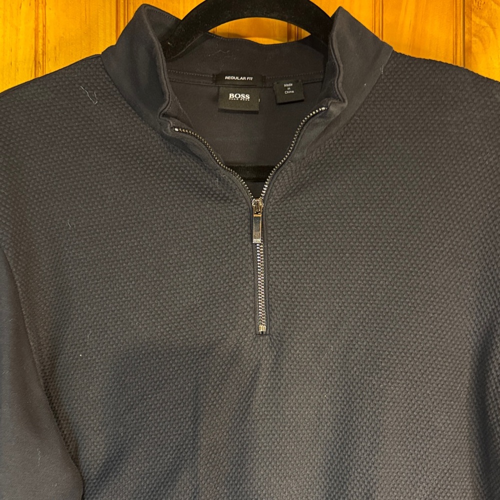 BOSS Men’s Navy Quarter-Zip Textured Sweater - Picture 4 of 12